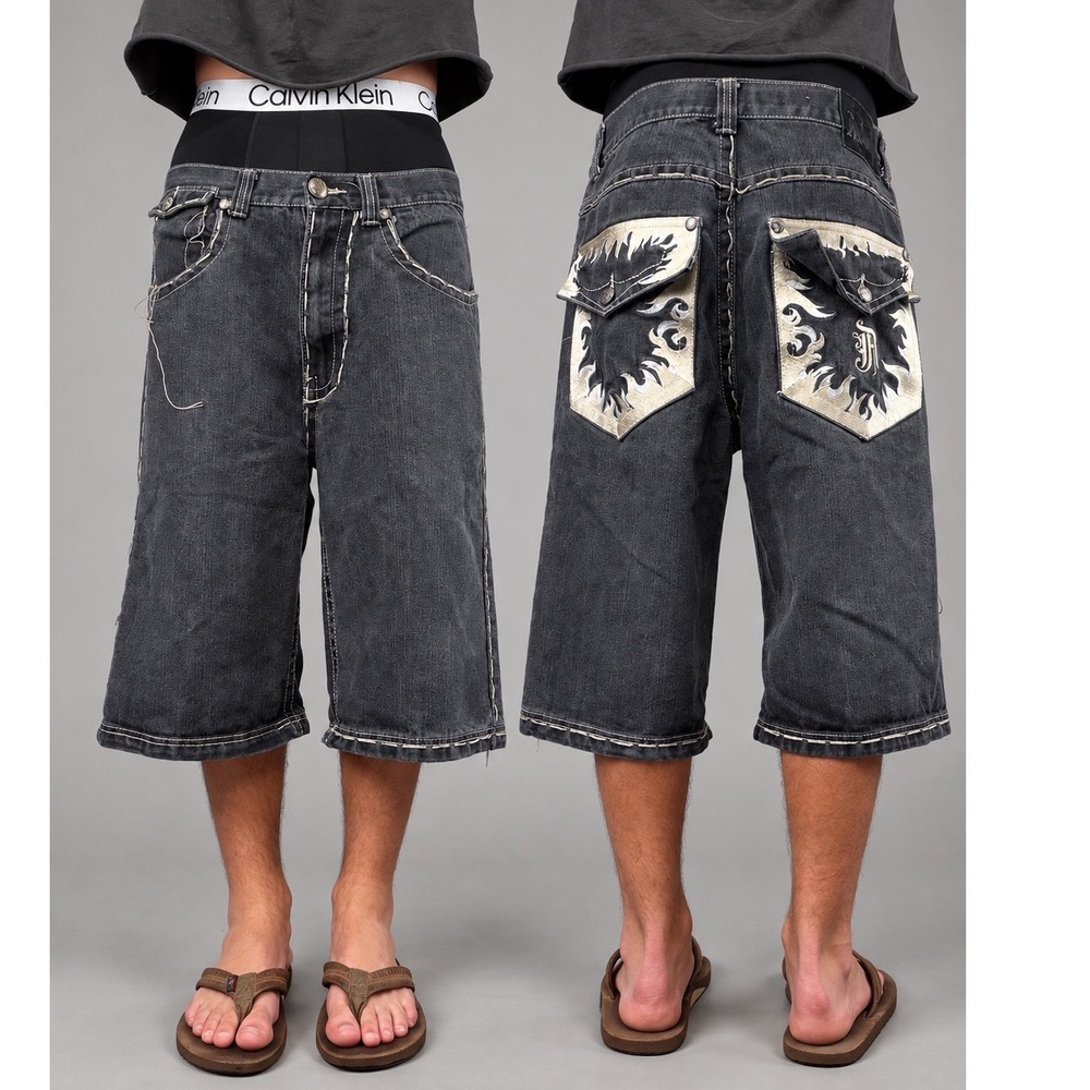 Vintage Southpole Baggy Denim Jorts Black Flame Embroidered Y2K Skater Shorts 36